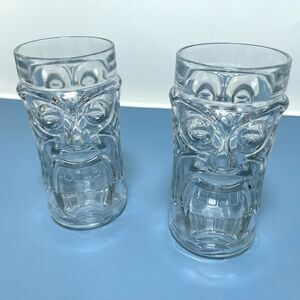 2 Vintage Anchor Hocking Double Sided Screaming Tiki Highball Glasses 6.5"x3"